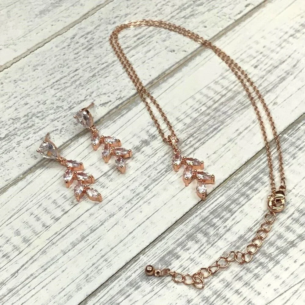 Cubic Zirconia Olive Branch Pendant Necklace Earring Set Rose Gold